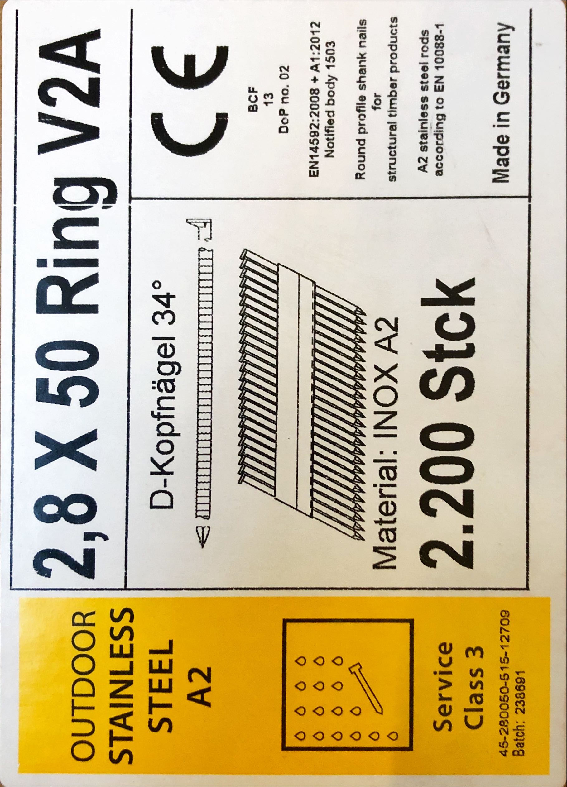 RB 2.8 x 50mm, 34°, rostfrei / A2, gerillt, 2200 Stk. D-Flachkopf