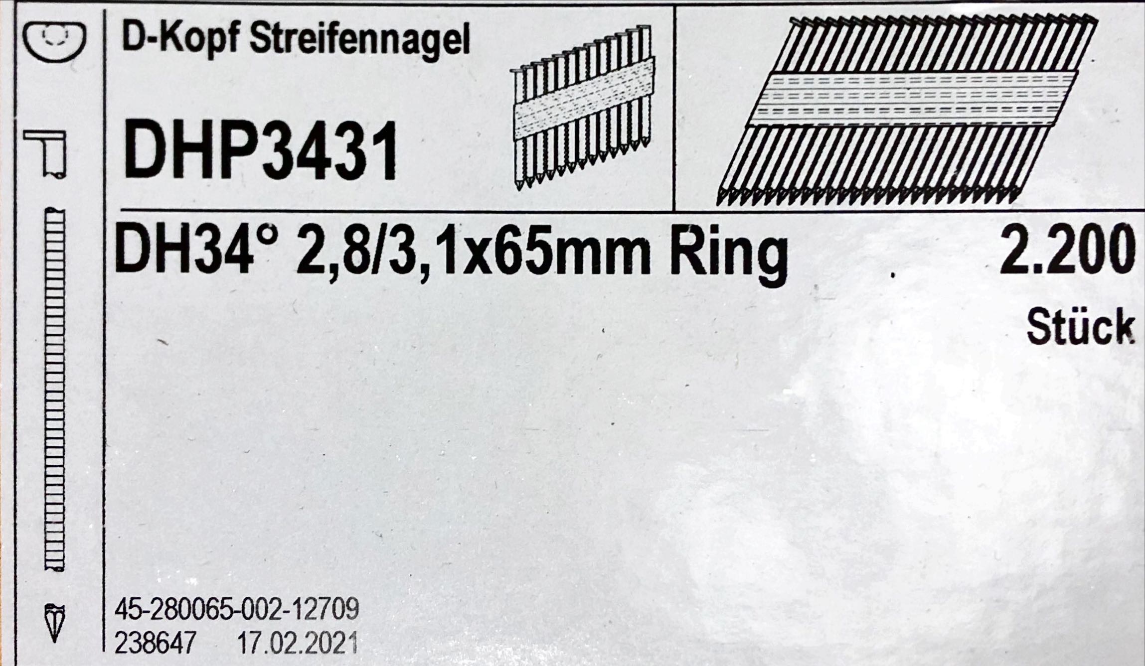 DH 2.8 x 65mm, 34°, blank, gerillt, 2200 Stk. D-Flachkopf