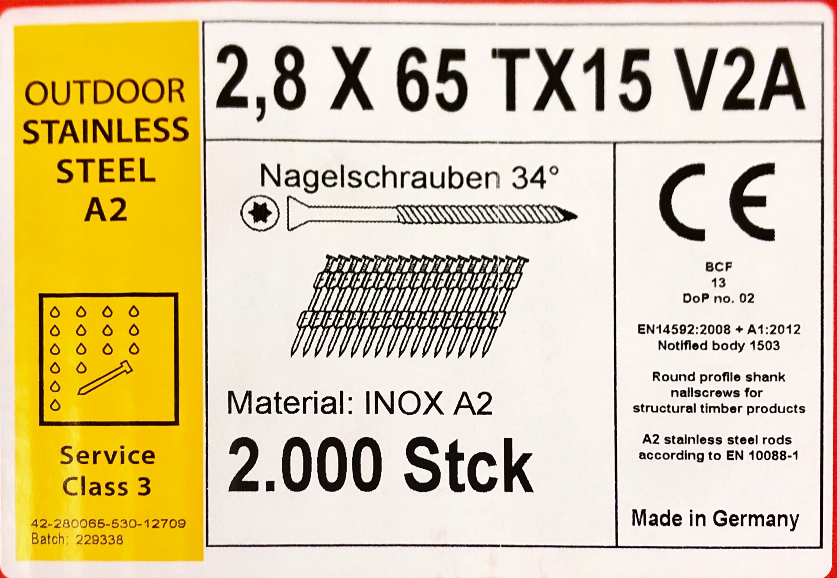 Swissfast 2.8 x 65mm Nagelschrauben, 34°, TX15, rostfrei / A2, 2000 Stk.