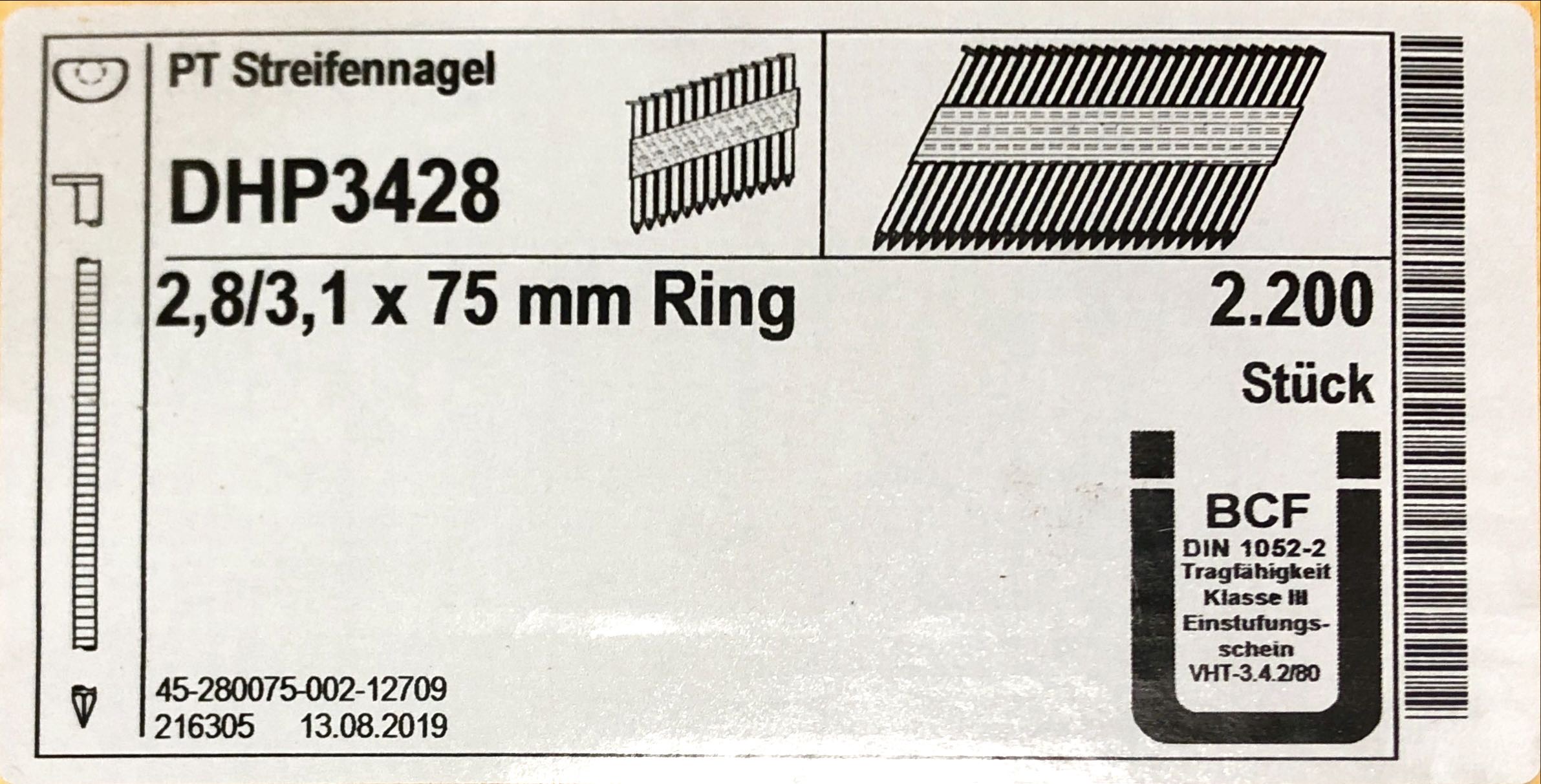DH 2.8 x 75mm, 34°, blank, gerillt, 2200 Stk. D-Flachkopf