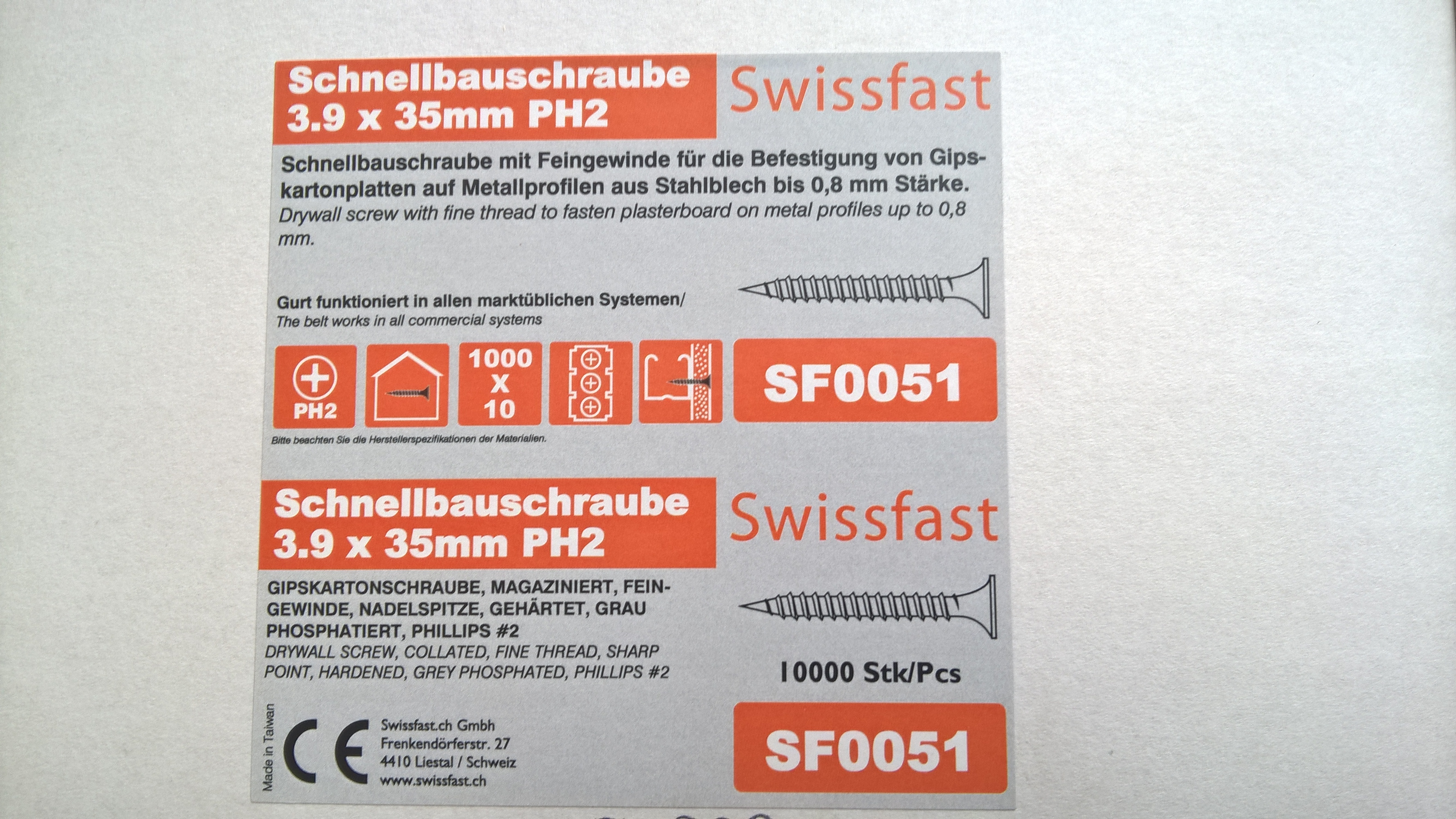 3.9x35mm magazinierte Schnellbauschraube mit Feingewinde, 1.000 Stück
