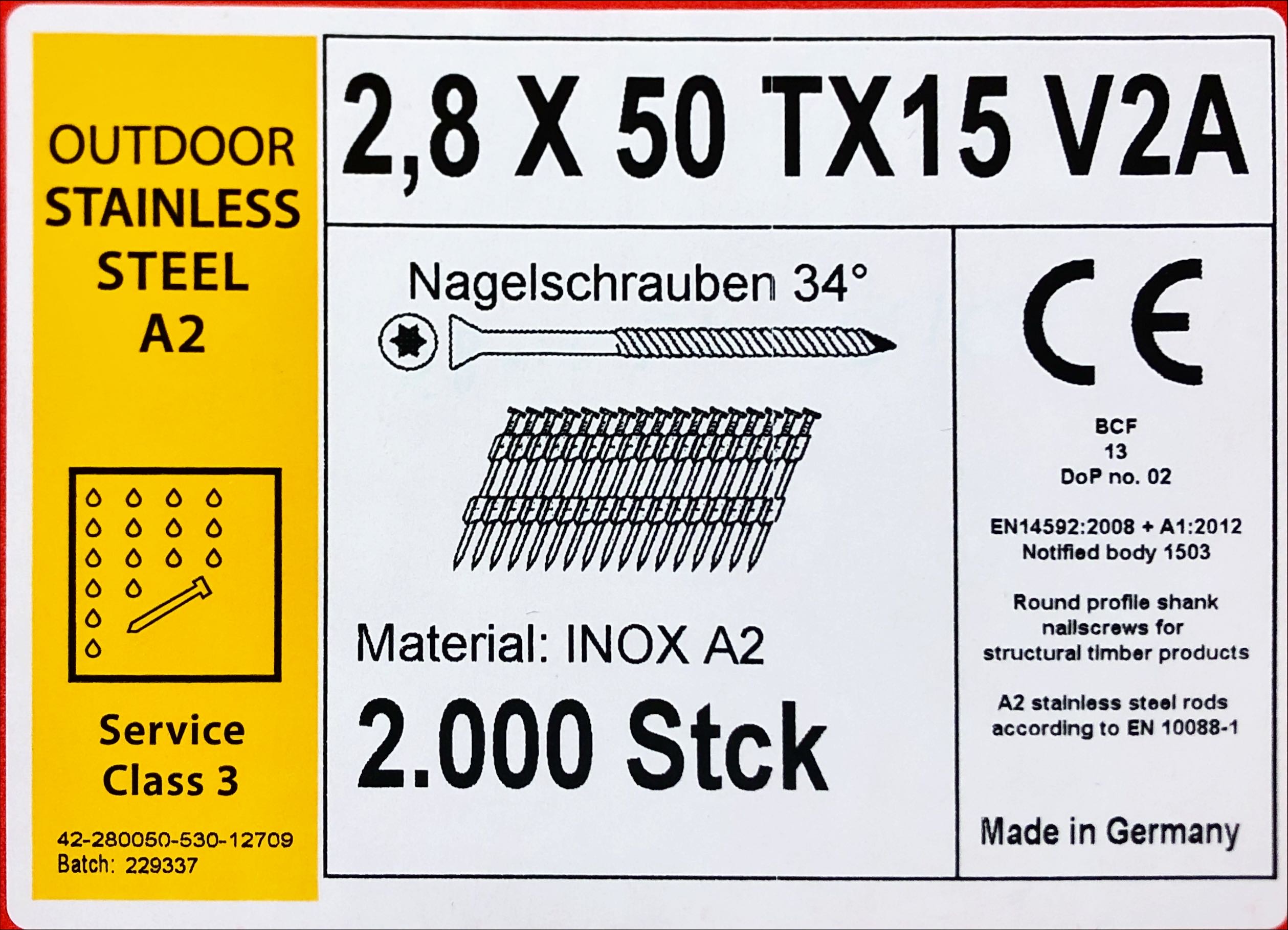 Swissfast 2.8 x 50mm Nagelschrauben, 34°, TX15, rostfrei / A2, 2000 Stk.
